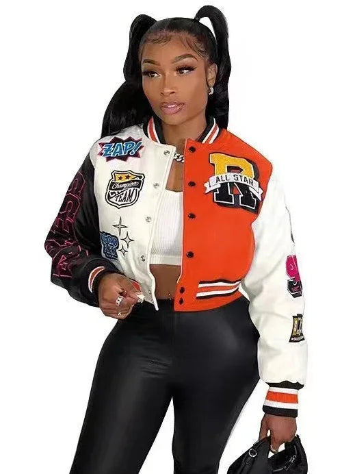 Women Overcoat Casual Letter Print Patchwork Baseball Uniform Jacket Round Neck Button Fall Coat Autumn Winter Short Jacket Orange
