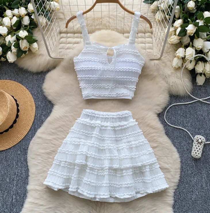 CM.YAYA Beach Boho Women's Set Strap Sleeveless Tank Top and Ruched Mini A-line Skirts Two 2 Piece Sets 2025 Summer Outfits