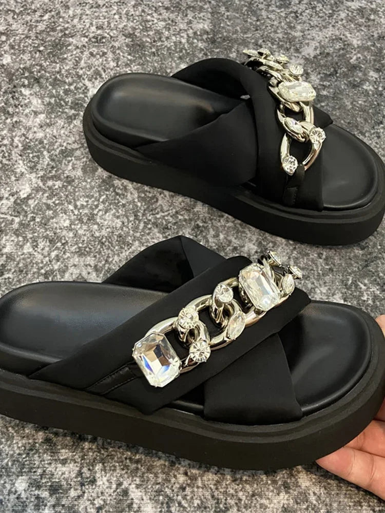 Women Crystal Slippers Chain Flats Platform Sandals Summer Ladies Casual Home Slides Women Beach Shoes Flip Flops Mujer black