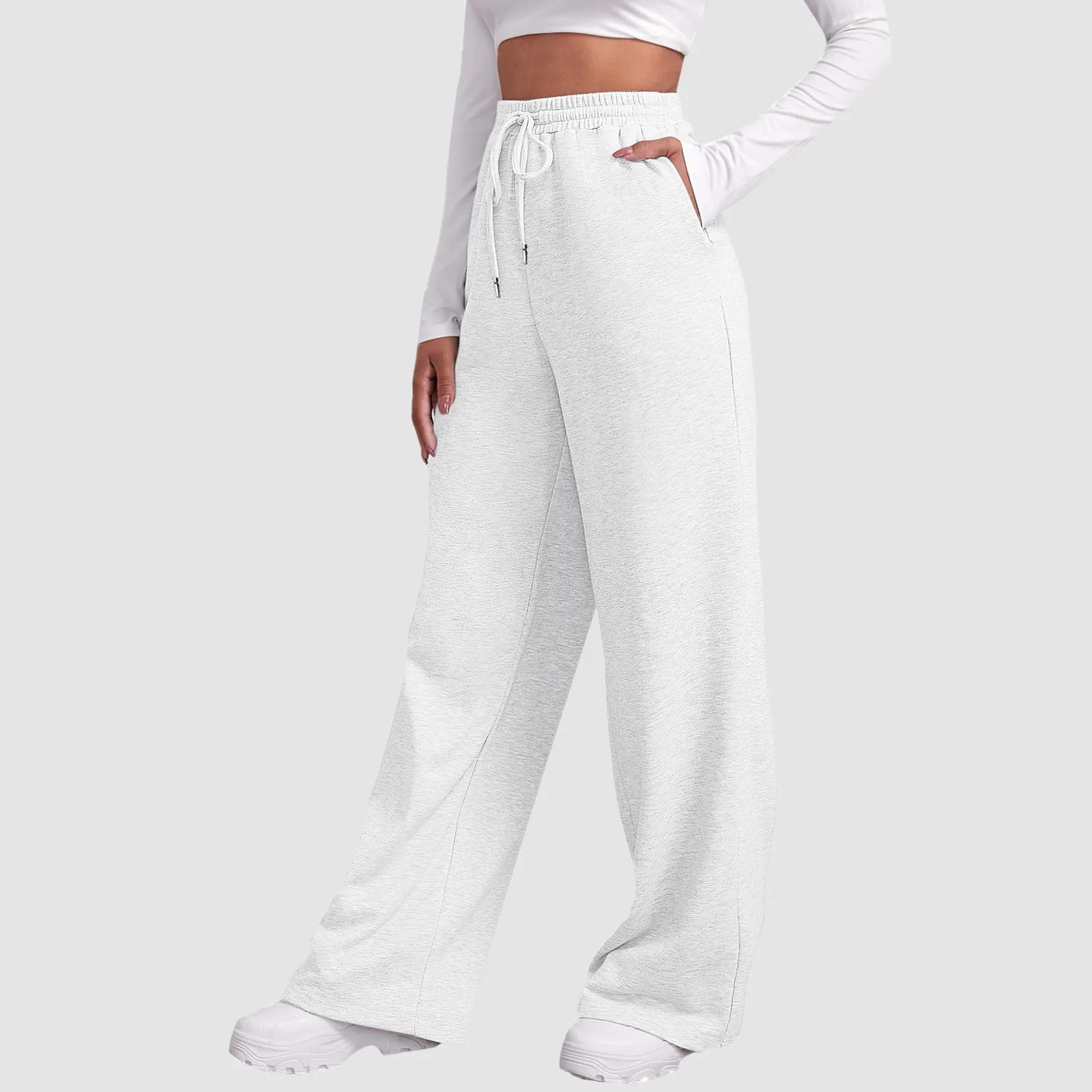 Wide Leg Pants For Women’S Fleece Lined Sweatpants Straight Pants Bottom All-Math Plain Fitness Joggers Travel Basic Pants White-A CN