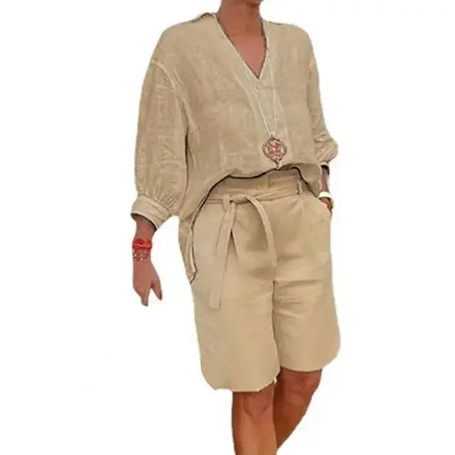 2024 Summer Fashion Plus Size New Matching Collection Women's Shorts Set V-neck Short Sleeves Sports Cotton Linen Two Piece Set