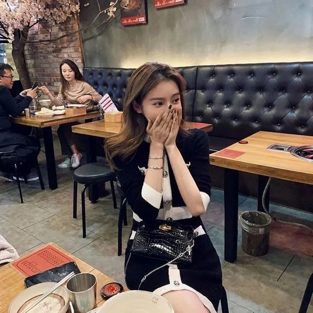 Fashion Korean Style Knitted Dress Winter White Black Women Knit Bodycon Dress Elegant Long Sleeve Dress Knitwear For Women