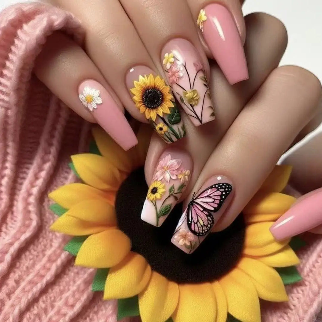 24pcs Short Square Fake Nails Acrylic Vivid False Nails Ladybug Butterfly Flower Press on Nails Garden Plants Nail Art Ballet