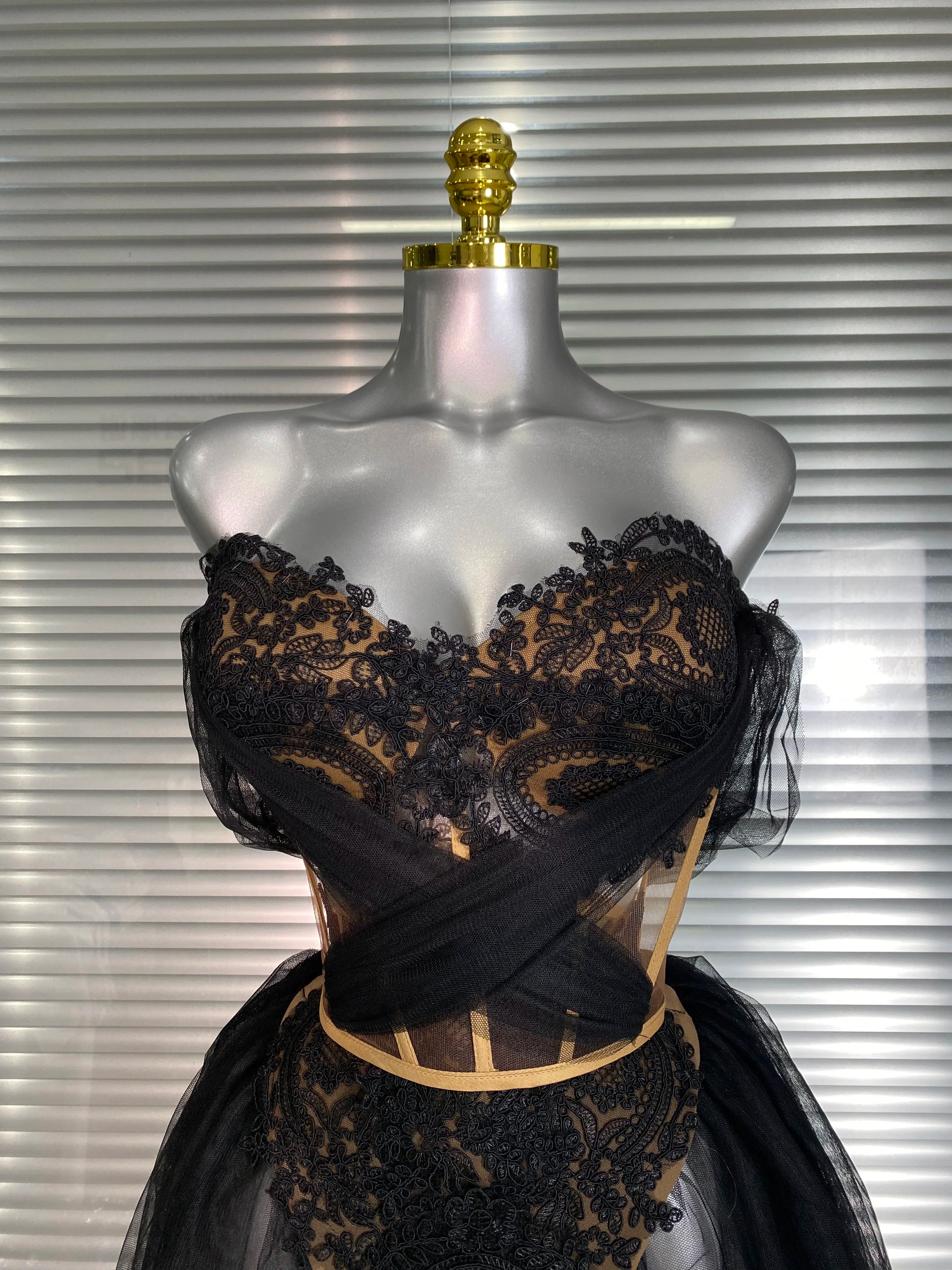 Summer New 2025 INS Sexy Two Pieces Set Women Celebrity Adjustable Laced Black Skirt Suits Stage Costume