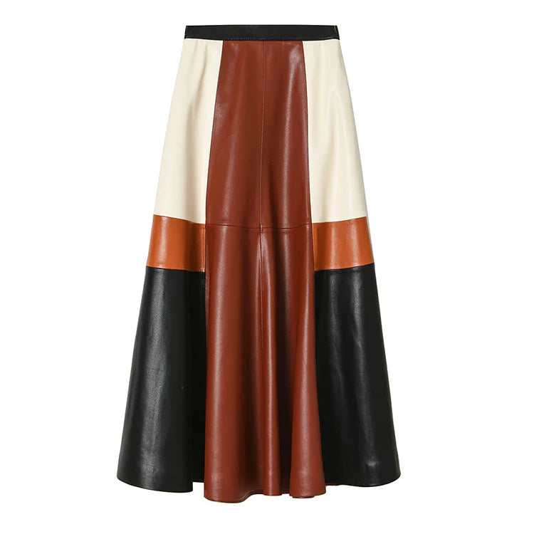 Spring Autumn Long Color Block Patchwork Soft Pu Leather Mini Skirt Women High Waist 2024 Luxury A Line Clothes Fashion