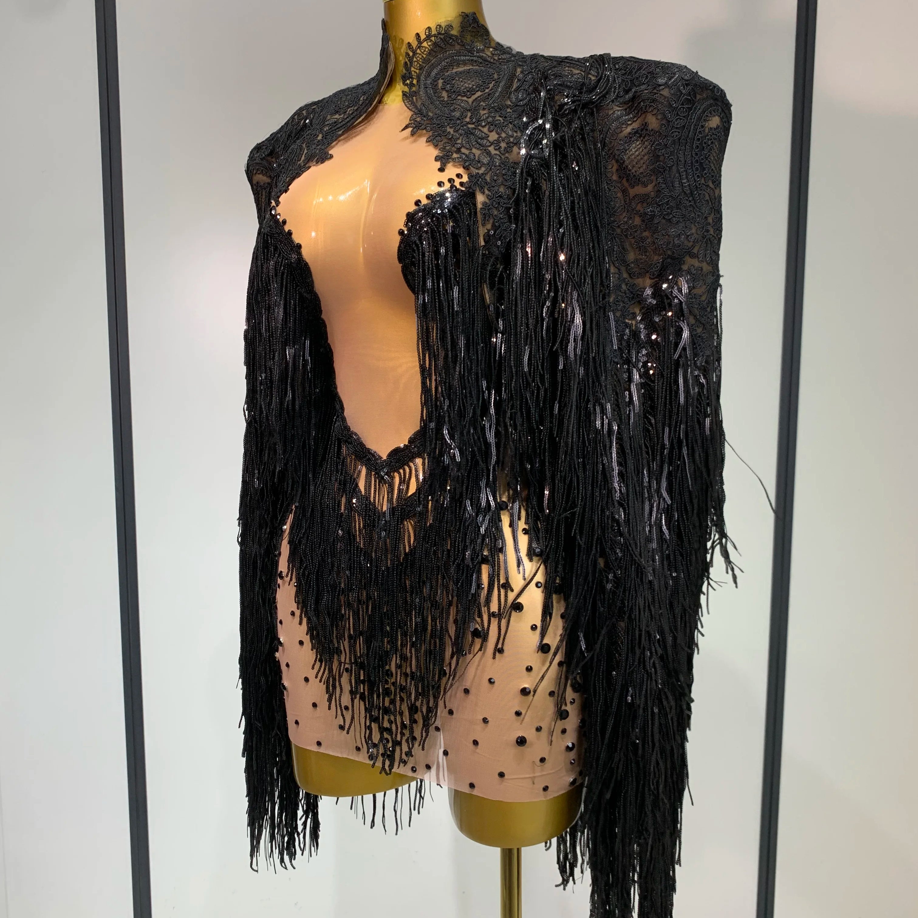 High Quality Rhinestones Tassels Mini Dress Suit Luxury Women Sexy See Through Mesh Party Club Dresses Performance Stage Outfit