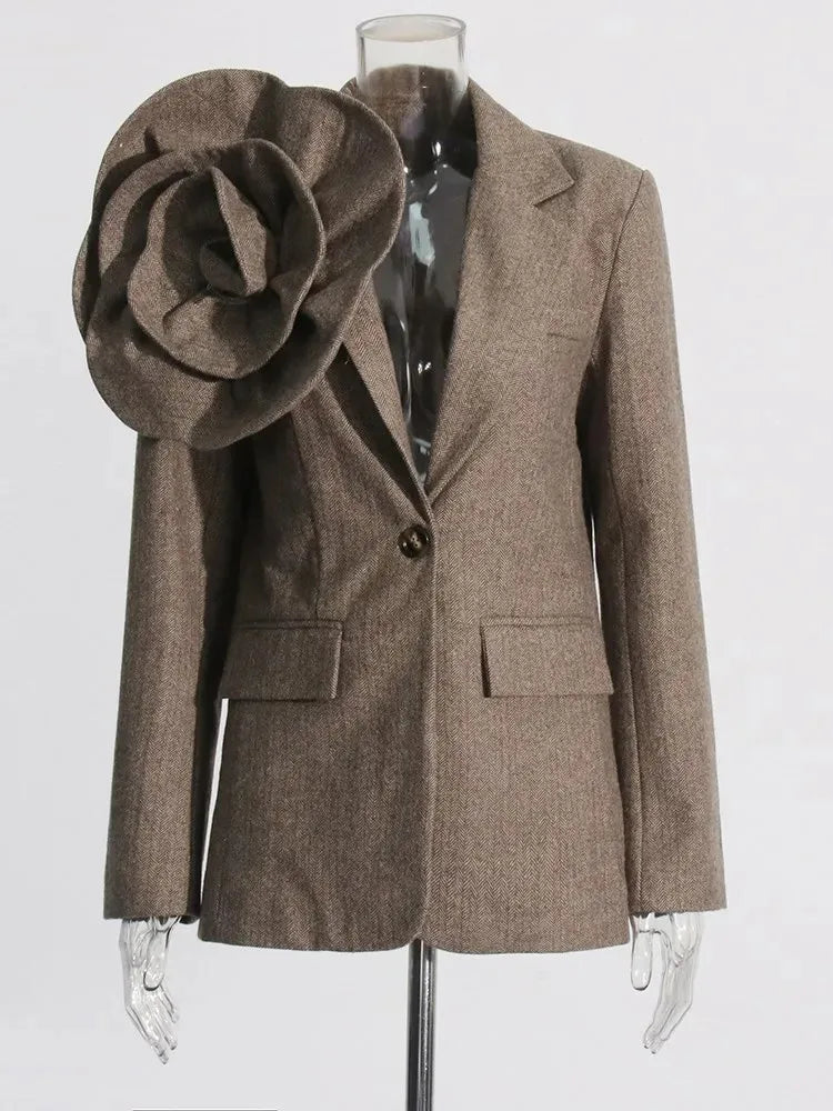 TWOTWINSTYLE Patchwork Appliques Blazer For Women Notched Collar Long Sleeve Spliced Button Detachable Blazers Female Fashion COFFEE