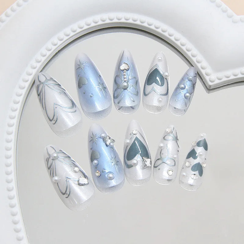 24pcs Y2k Love False Nails Sweet Cool Blue Blush Butterfly Print Fake Nails Tips Wearable Detachable Almond Press on Nails
