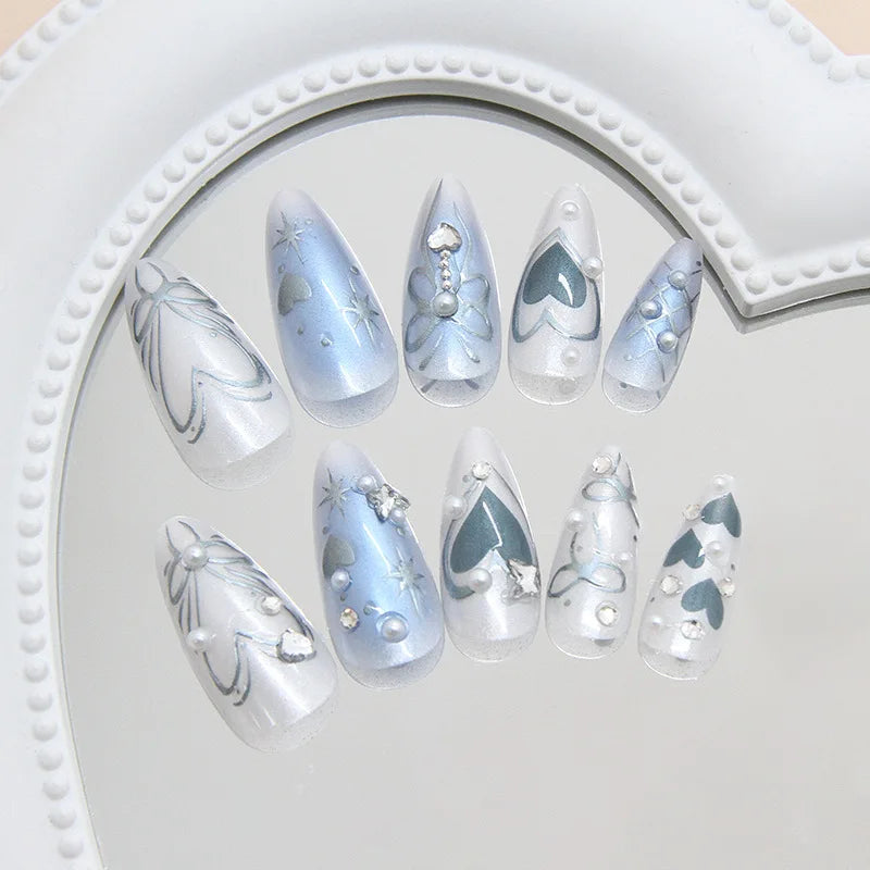 24pcs Y2k Love False Nails Sweet Cool Blue Blush Butterfly Print Fake Nails Tips Wearable Detachable Almond Press on Nails