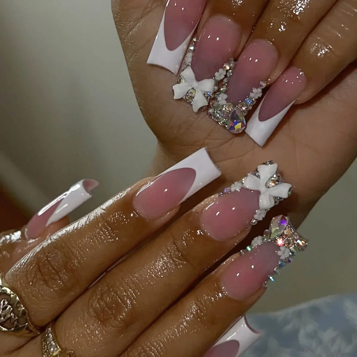 24Pcs Black Stripe French False Nails Metal Bow Flower Rhinestone Press on Fake Nails Long Square Wearable Full Cover Nails Tips