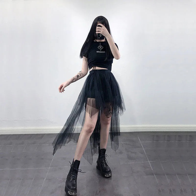 Gothic Black Mesh Skirt Women Summer Fashion High Waist Streetwear Irregular Midi Skirts Chic Dark Series Punk Stitching Skirts