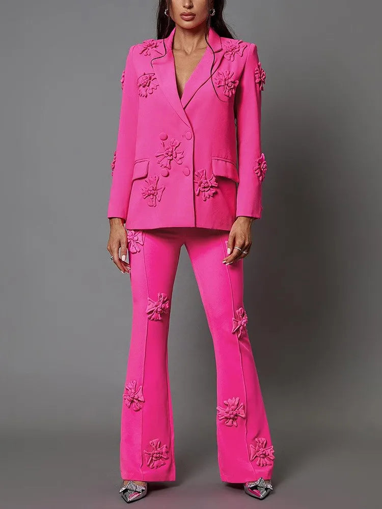 TWOTWINSTYLE Solid Patchwork Appliques Two Piece Sets For Women Lapel Long Sleeve Coat High Waist Pant Chic Set Female Clothing