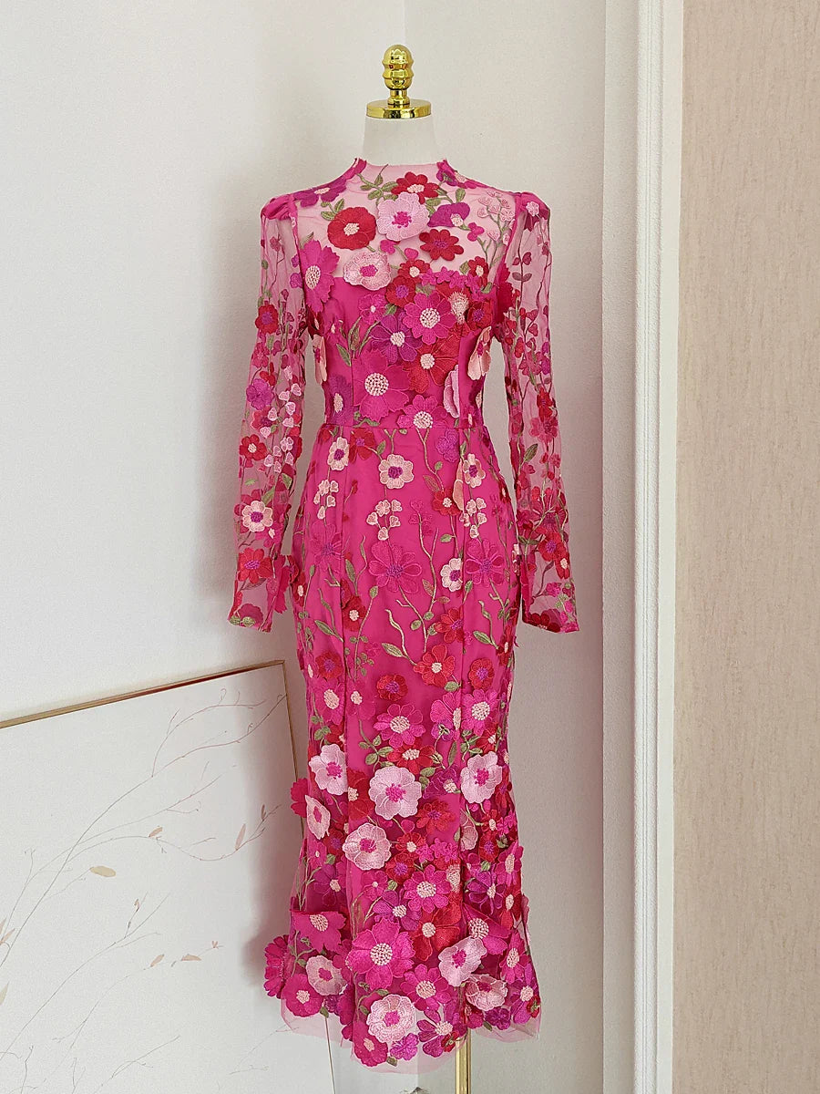 JAMERARY Runway Spring/Summer New Mesh 3D Flower Embroidery Perspective Evening Prom Dress Women Holiday Robe Vestido Party rose longsleeve