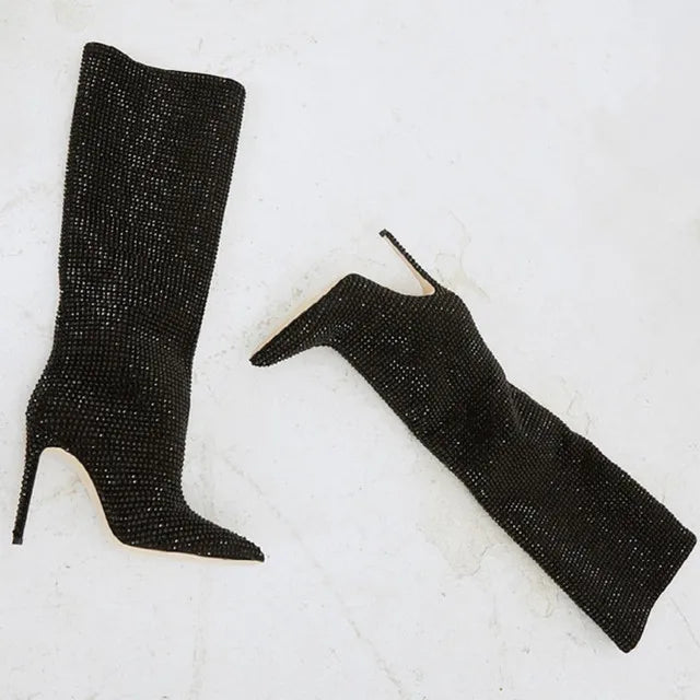 Rhinestone Women's High Boots Pointed Toe Slip-on Long Boots Women Boots High Heels Sexy Stiletto Ladies Party Shoes