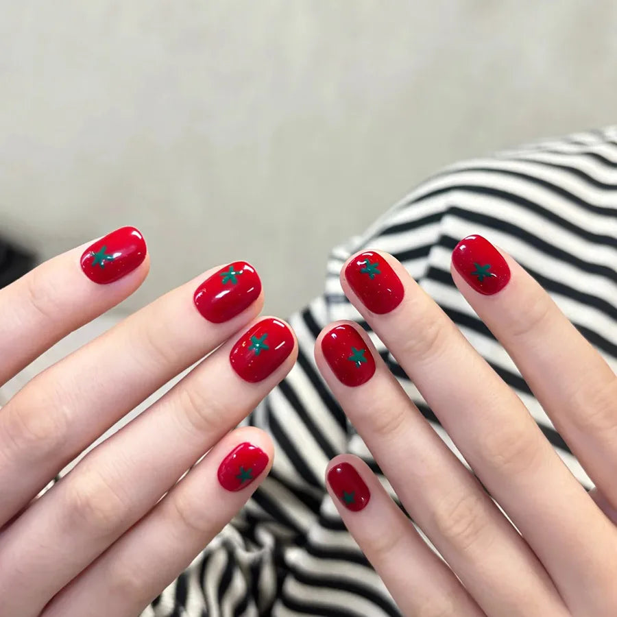 24pcs/set short medium fake nails square ballet tips new year red gradient colors with glitters faux ongles press on false nail