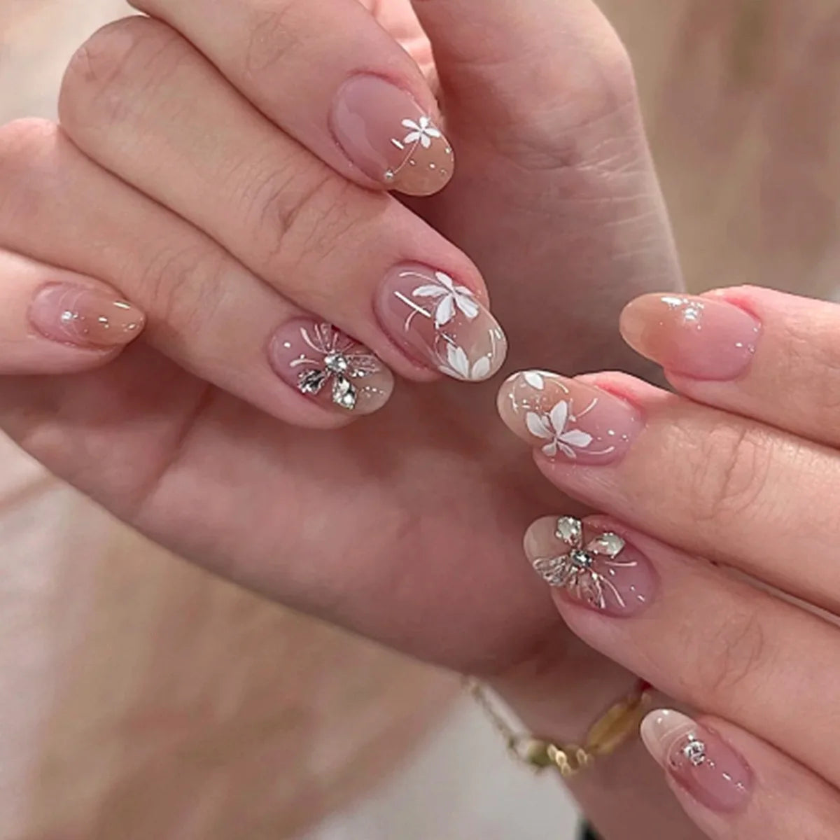 24pcs French Almond Press on Nails Flower Pattern Fake Nails False Nails Artificial Tips Накладные Ногти Uñas Postizas Mujer 네일팁