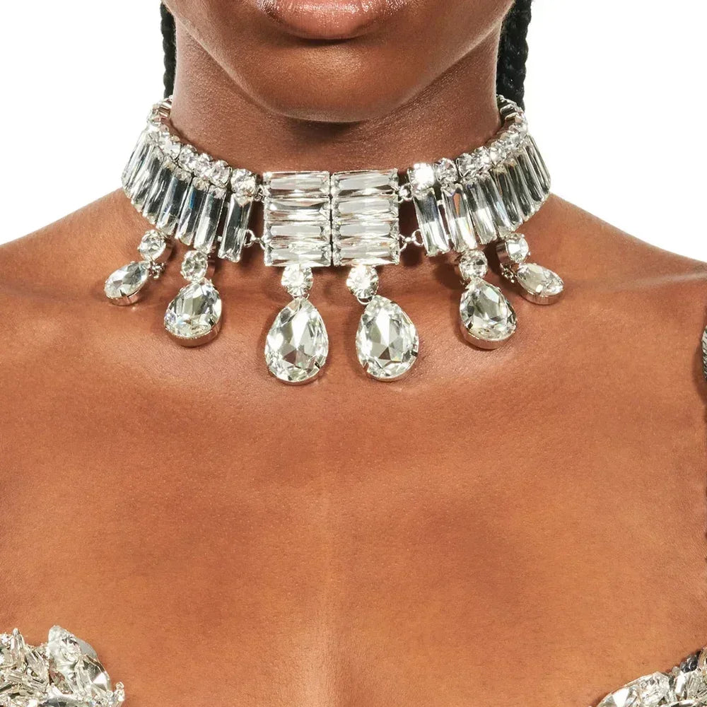 Exaggerate Large Crystal Choker Neckalce Statement Accessories Luxury Water Drop Rhinestone Collar Choker for Women
