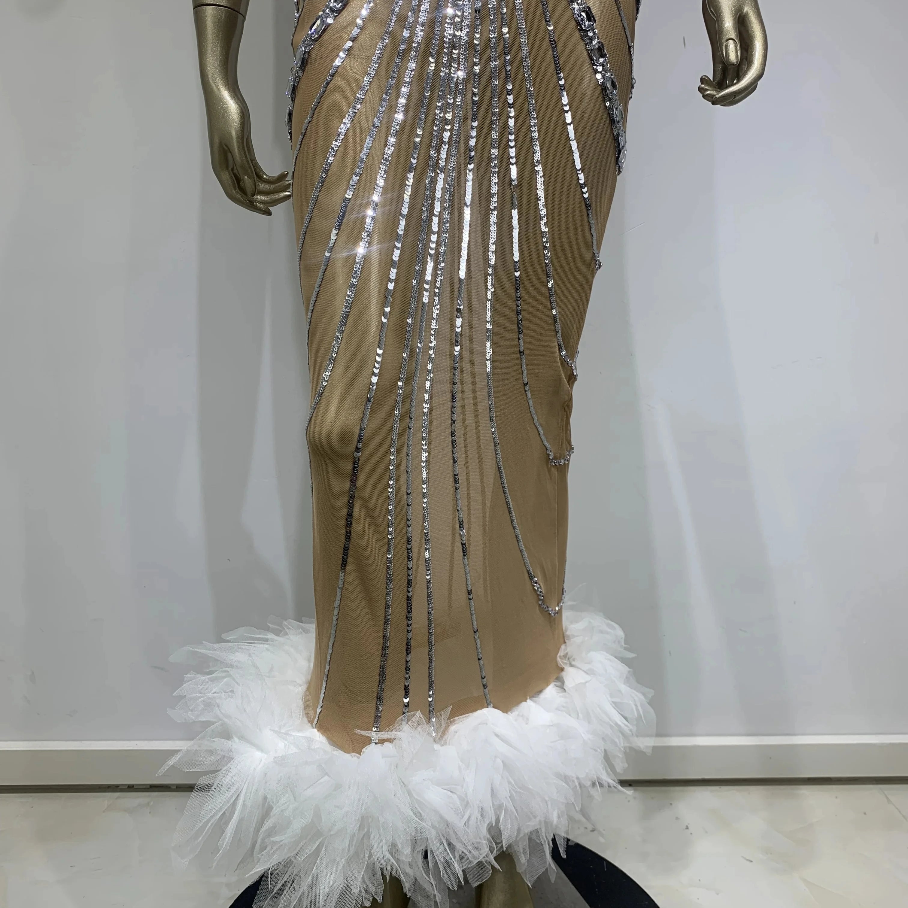 Stock Women Luxury Sexy Mesh Sequins Crystal Diamonds Feather Dress Birthday Party Costume Bar Nightclub Stage Performance Dress