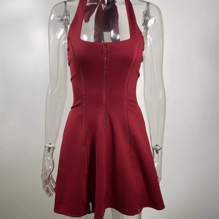 Halter Backless A-line Sexy Mini Dress For Women Robe Fashion Square Collar Sleeveless High Waist Pleated Dress Elegant