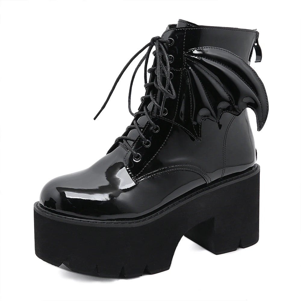Women's Black Back Zipper Chunky Heel Boots Goth Style Lace Up Solid Color Platform Short Boots for Women Fashion Wing