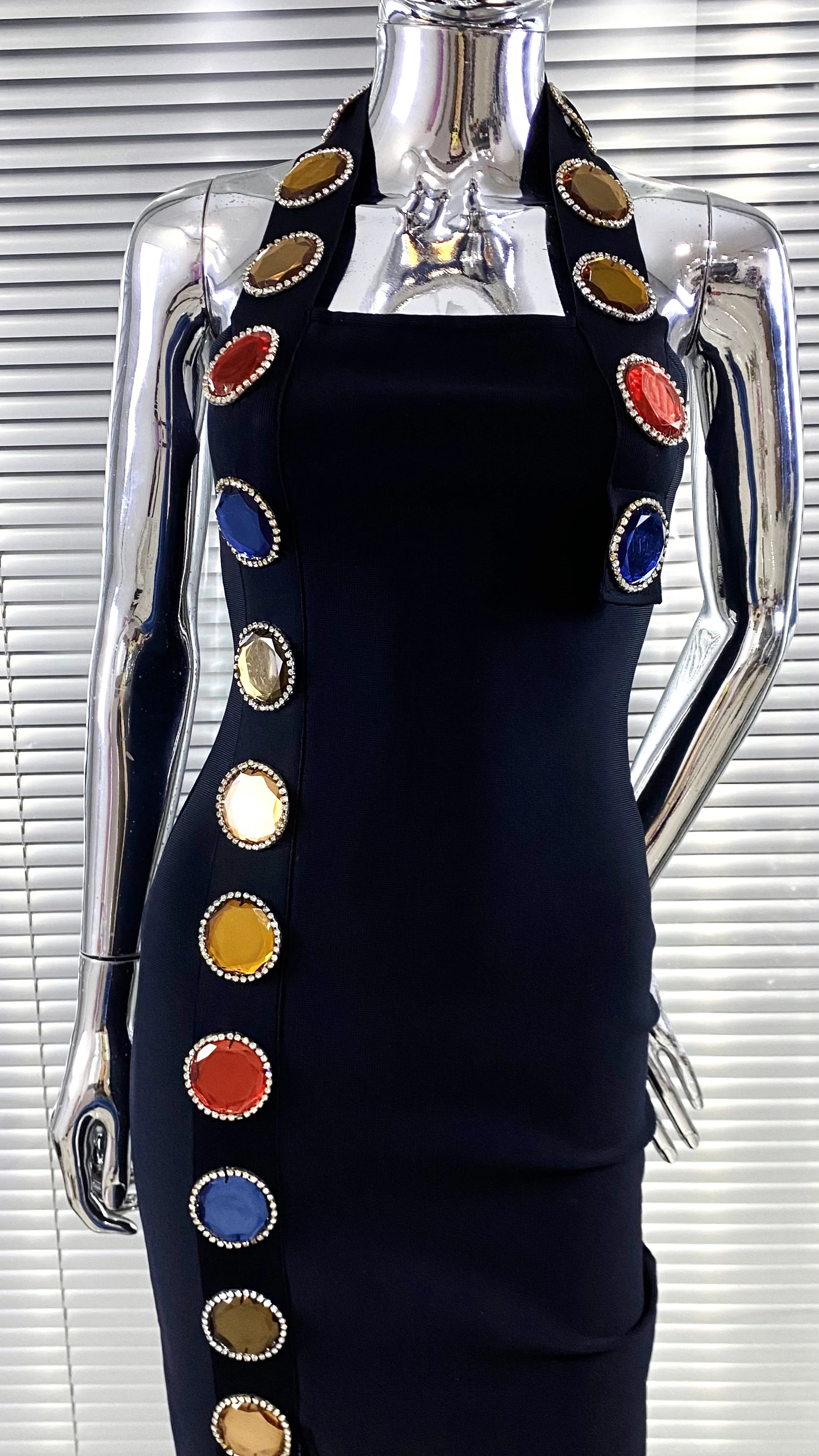 New Summer Special Design Shining Colorful Diamonds Sexy Halter Black Bandage Dress Woman Birthday Party Dress Club Party Outfit