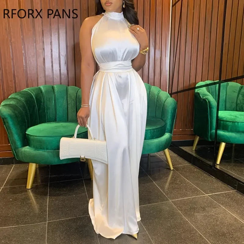 2023 Women Elegant Solid Halter Sleeveless Maxi Formal Party Sexy Satin White Dress