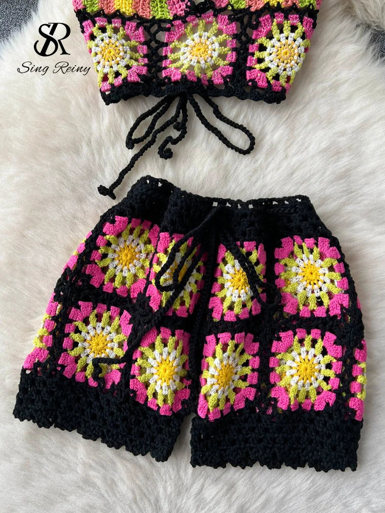 SINGREINY Summer Hollow Out Beach Suits Women Strap Halter Sexy Top+Mini Shorts Fashion Floral Knitted Bohemian Two Pieces Sets