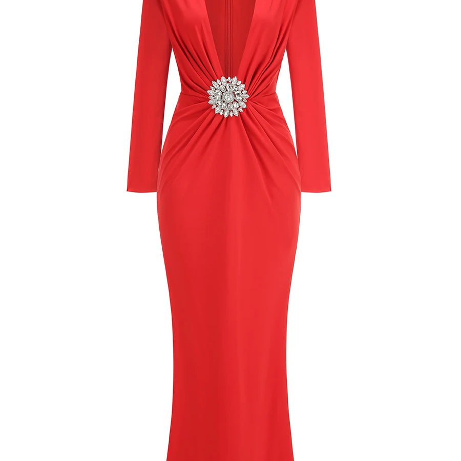 VC Black Maxi Dresses Women Sexy Deep V Neck Long Sleeves Gowns Runway Party Wear 2024 Spring New Fashion