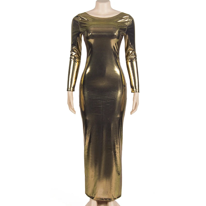 Autumn Women Sexy PU Leather O-Collar Long Sleeved Dresses Fashion Solid Backless Long Dresses Beach Party Club Clothing Gold