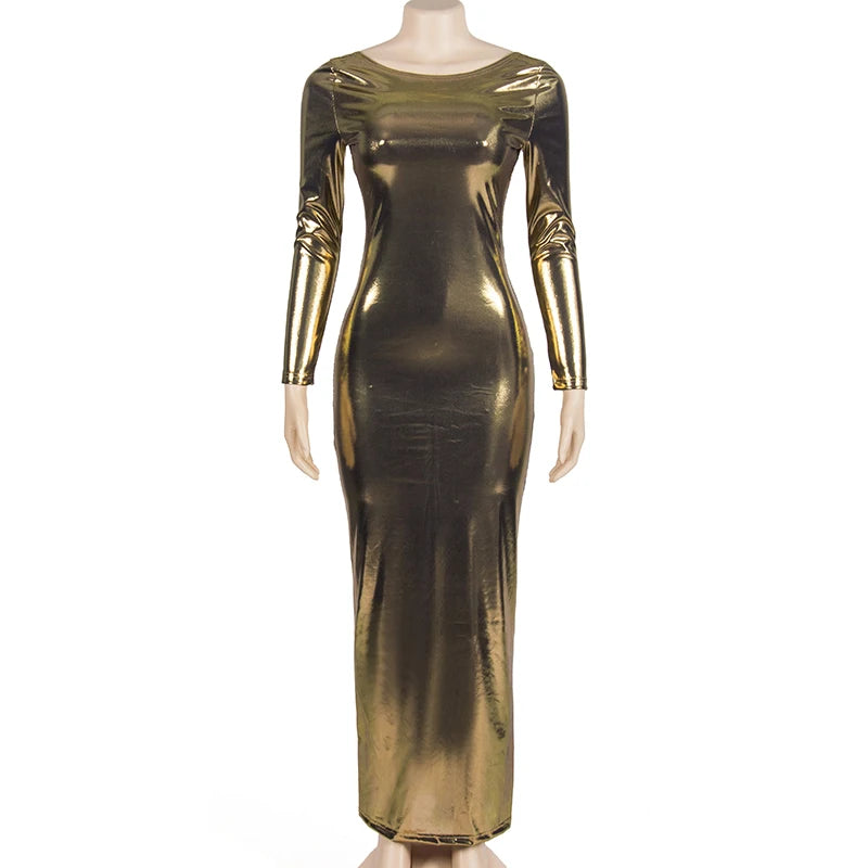 Autumn Women Sexy PU Leather O-Collar Long Sleeved Dresses Fashion Solid Backless Long Dresses Beach Party Club Clothing Gold