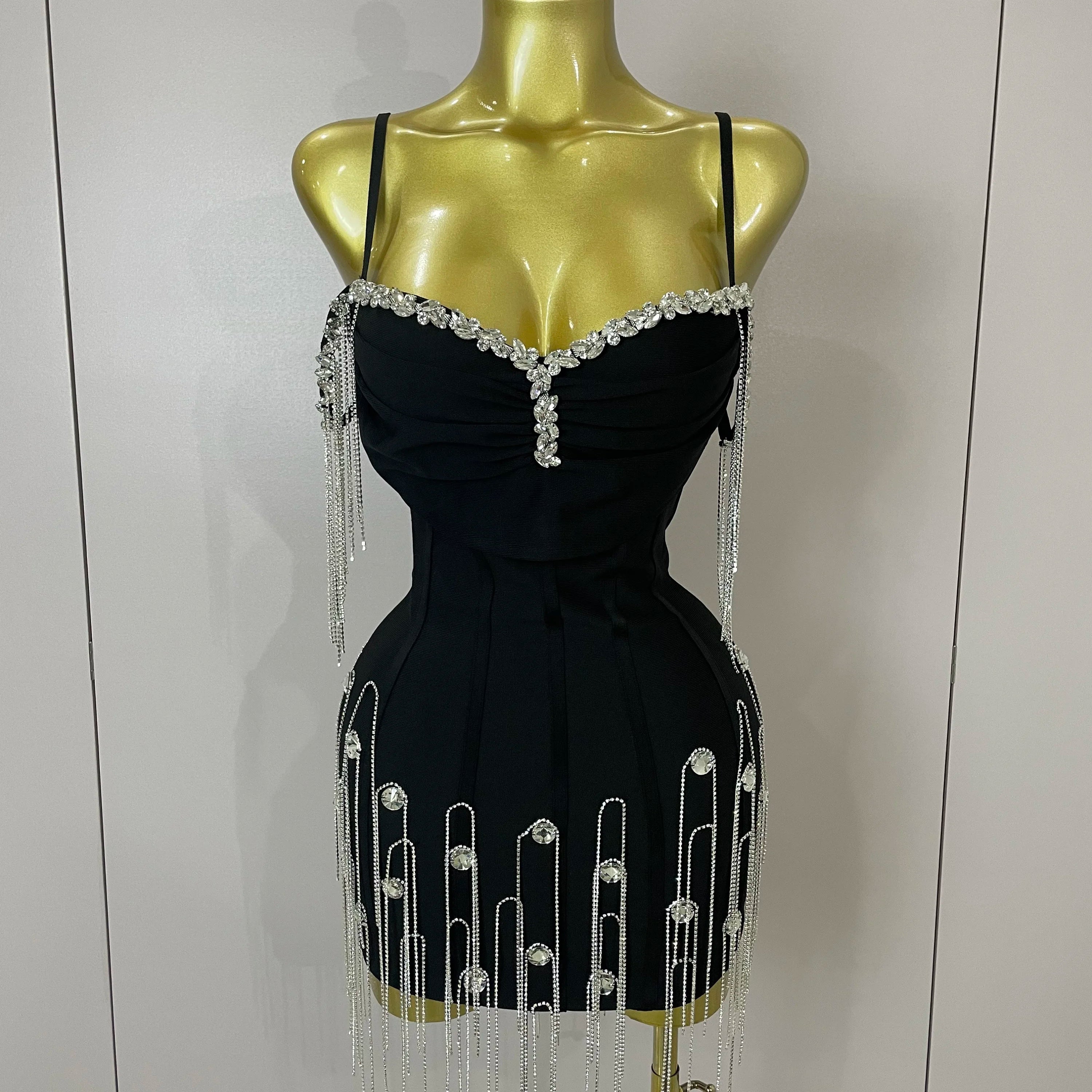 Sexy Backless Spaghetti Strap Black Sleeveless Bodycon Bandage Dress Women Elegant Prom Gown Club Evening Party Birthday Dresses
