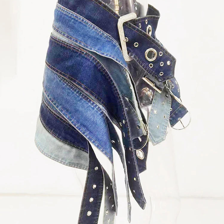 DEAT Fashion Women's Denim Skirt Low Waist Washed Irregular Metal Hole Belt Spliced A-line Skirts Autumn 2023 New Tide 7AB767