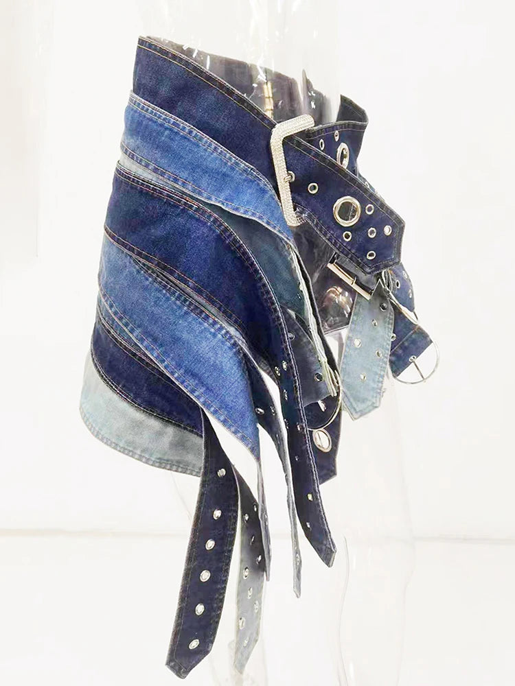 DEAT Fashion Women's Denim Skirt Low Waist Washed Irregular Metal Hole Belt Spliced A-line Skirts Autumn 2023 New Tide 7AB767