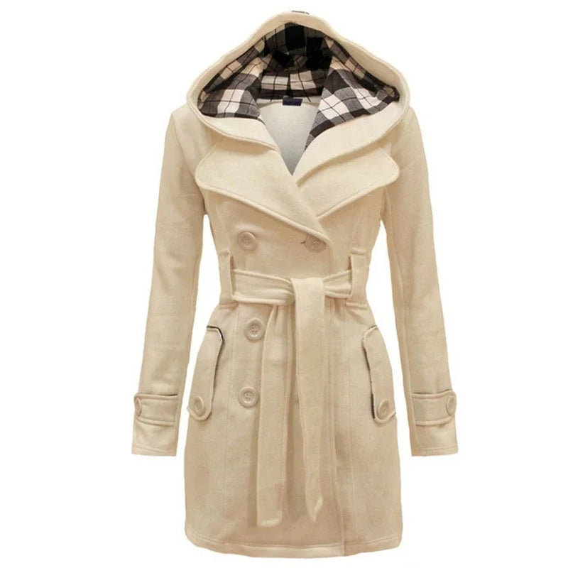 Vintage Woolen Coat Women Warm Fleece Jacket With Belts Double Breasted Solid Casual Jacket Winter Fashion Ladies Plus Size Beige