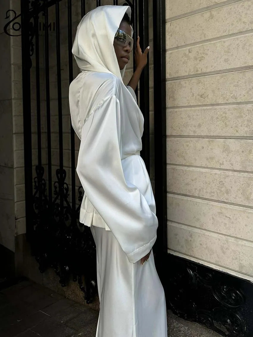 Oymimi Fashion White Satin 2 Piece Sets Women Outfit Elegant Hooded Collar Long Sleeve Lace-Up Blouse + Slim Straight Skirts Set