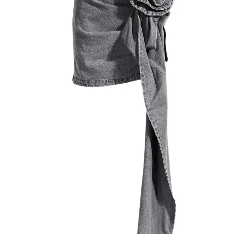 DEAT Fashion Women's Skirt High Waist Three-dimensional Rose Flower Asymmetric Blue Denim Short Skirts Summer New 17A8357 gray