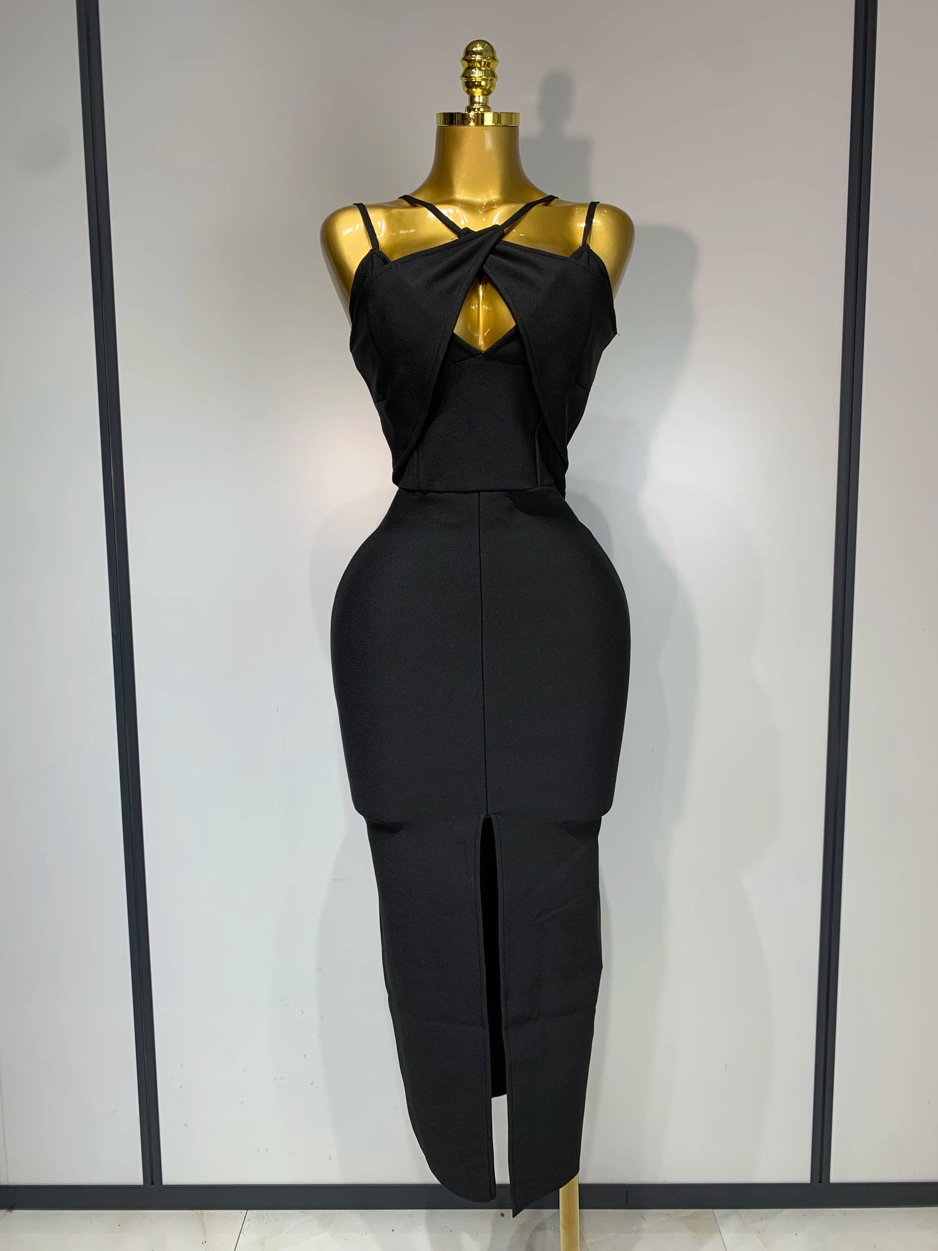 Women Sexy Sleeveless Hollow out Split Backless Black Midi Bandage Dress 2025 Celebrity Elegant Evening Cocktail Party Dresses