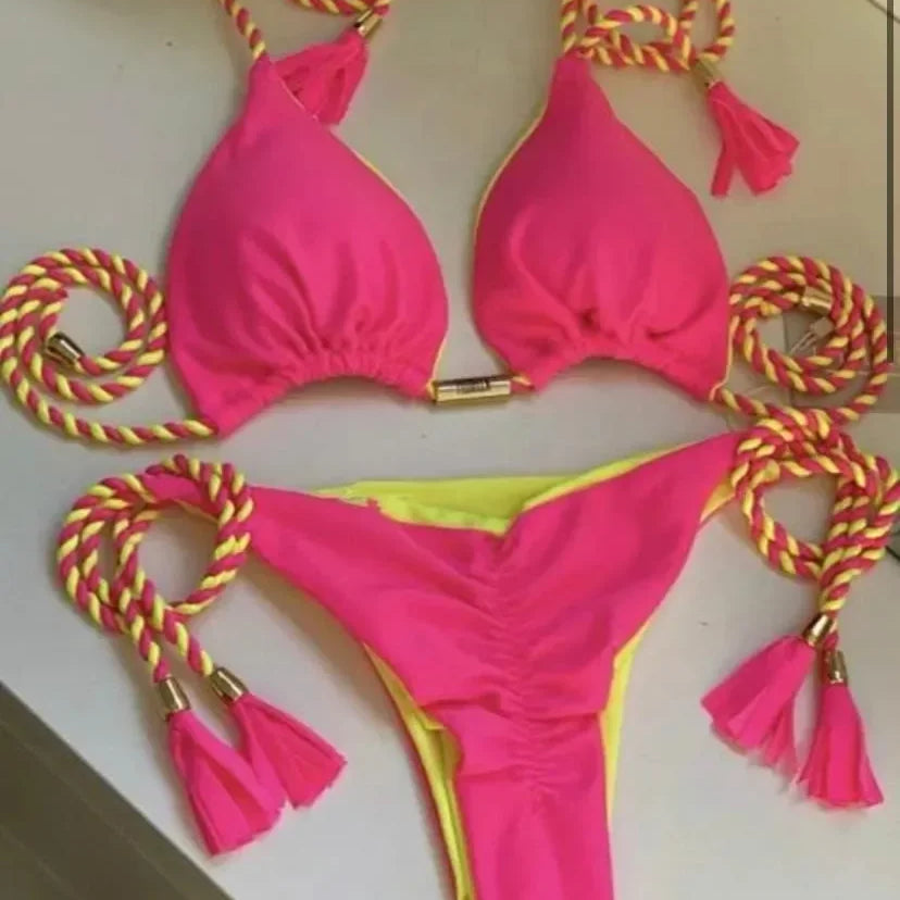 New Women Bikini Backless Rope Triangle Swimsuit Multicolor 8244