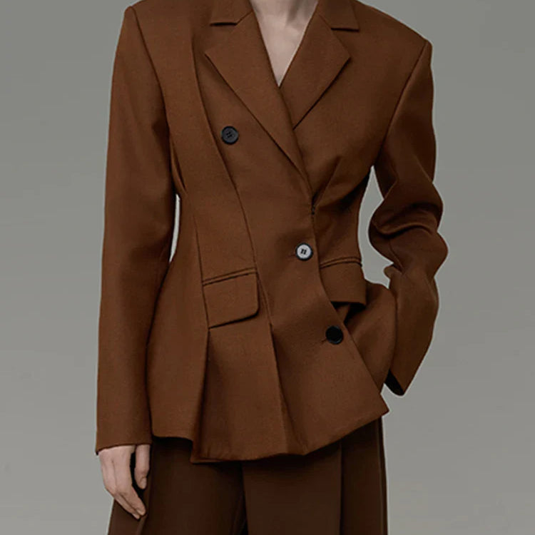 DEAT Fashion Women's Blazer Notched Collar Long Sleeve Diagonal Single Breasted Folds Waist Suit Jacket Spring New 7AB1120