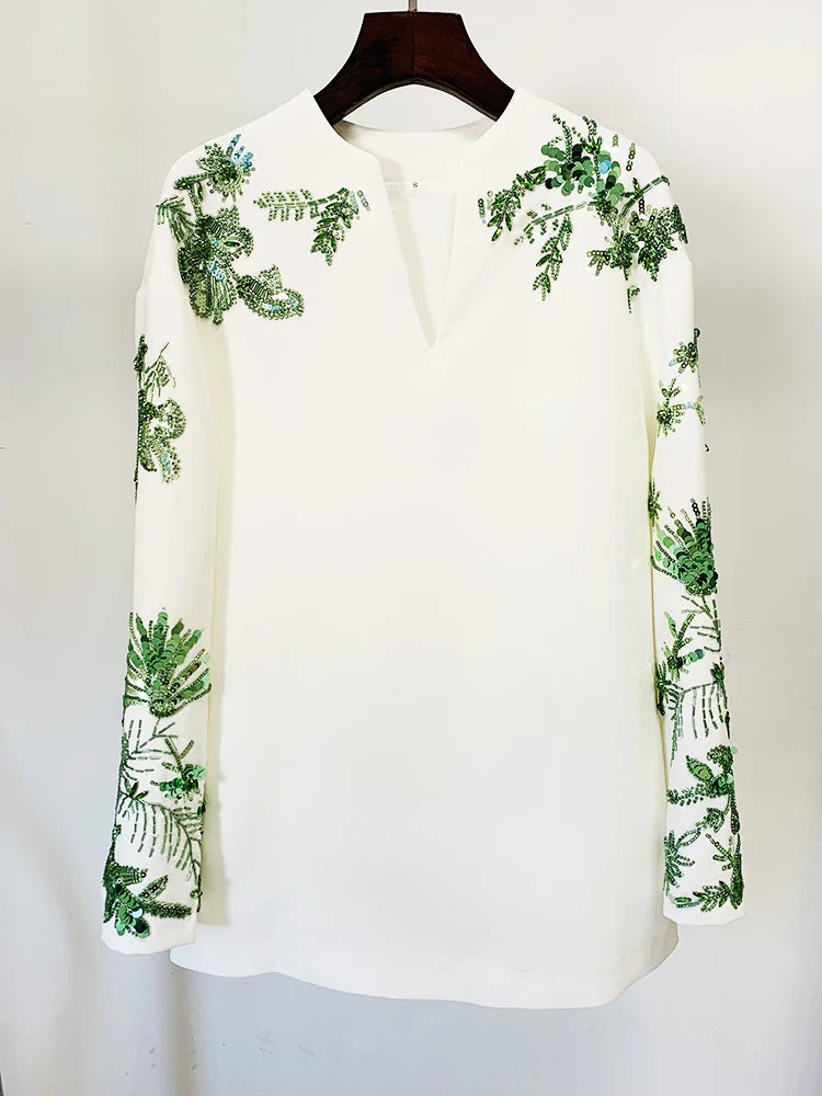 HIGH STREET Newest Designer Suit Set Women's Loose Style Long Sleeve Stunning Beaded Blouse Tops Flare Pants The Blouse