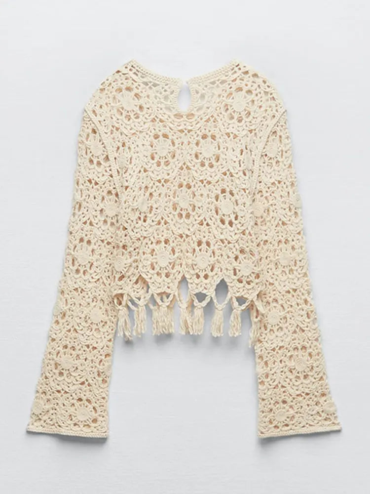 Jacquard Hollow Crochet Knit Tassel Skirts Sets Long Sleeved Woven Cropped Top Long Skirts Suits Women's Vacation Outfits Top