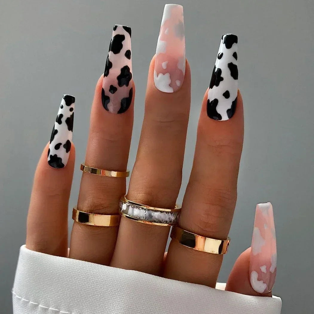 Cherry Leopard Print Almond Fake Nails Art Ballet Pointed False Nails Charms Flower Star Love Heart Press on Nails Manicure Tool