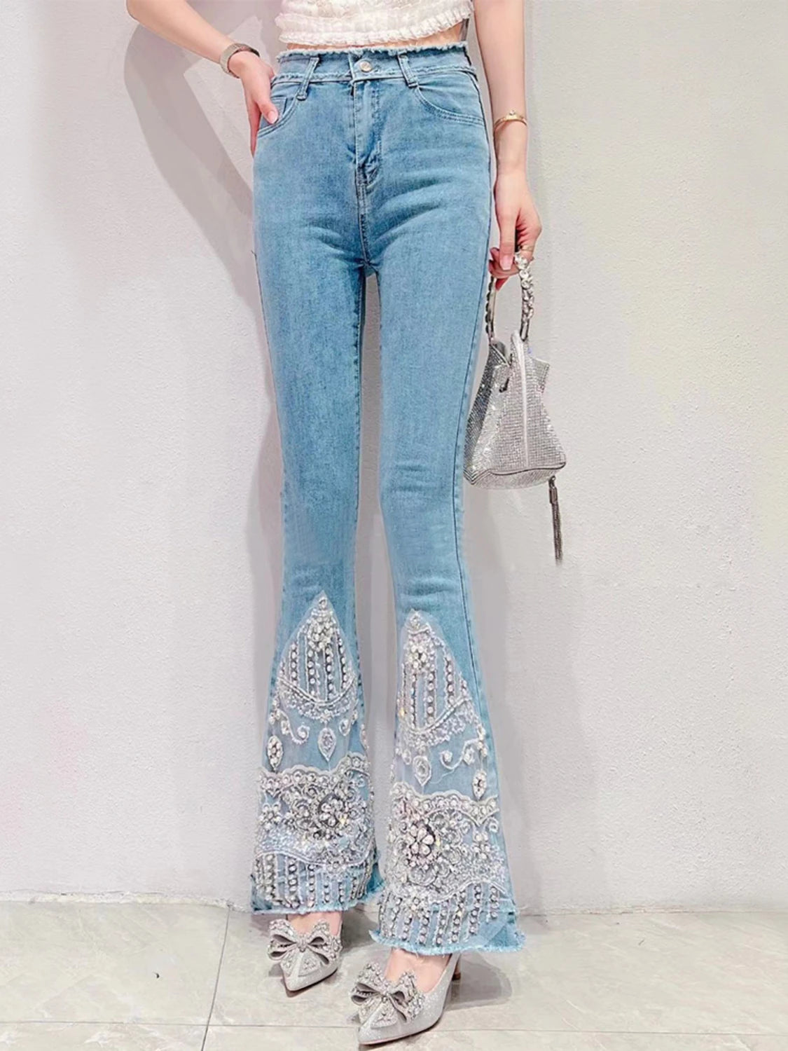 Women Jeans Summer New Korean Style Sweet Heavy Beads Luxury Rhinestone Blue Jeans Elegant Slimmin Bootcut Pants Fashion Denim Blue 9770