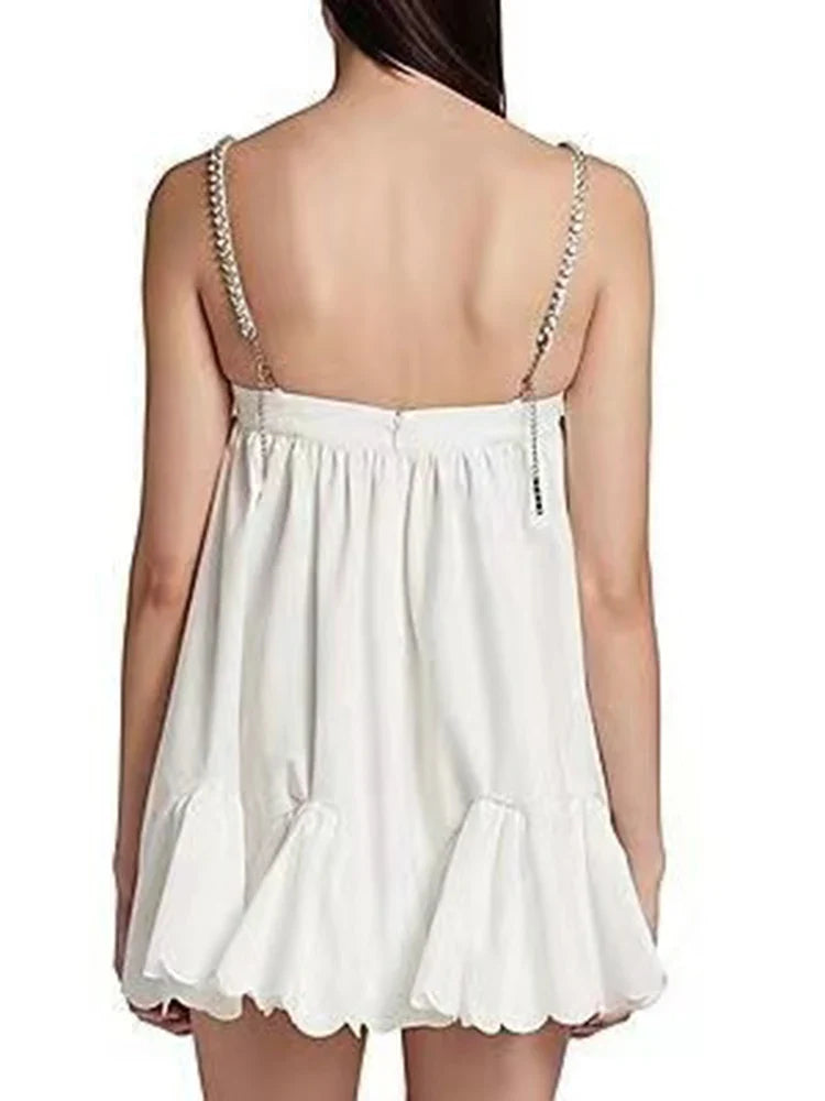 DEAT New Trendy Women's Diamonds Chain Pleated Sling Dress Spring Fashion Off-shoulder Sleeveless Dresses Female 33A1209