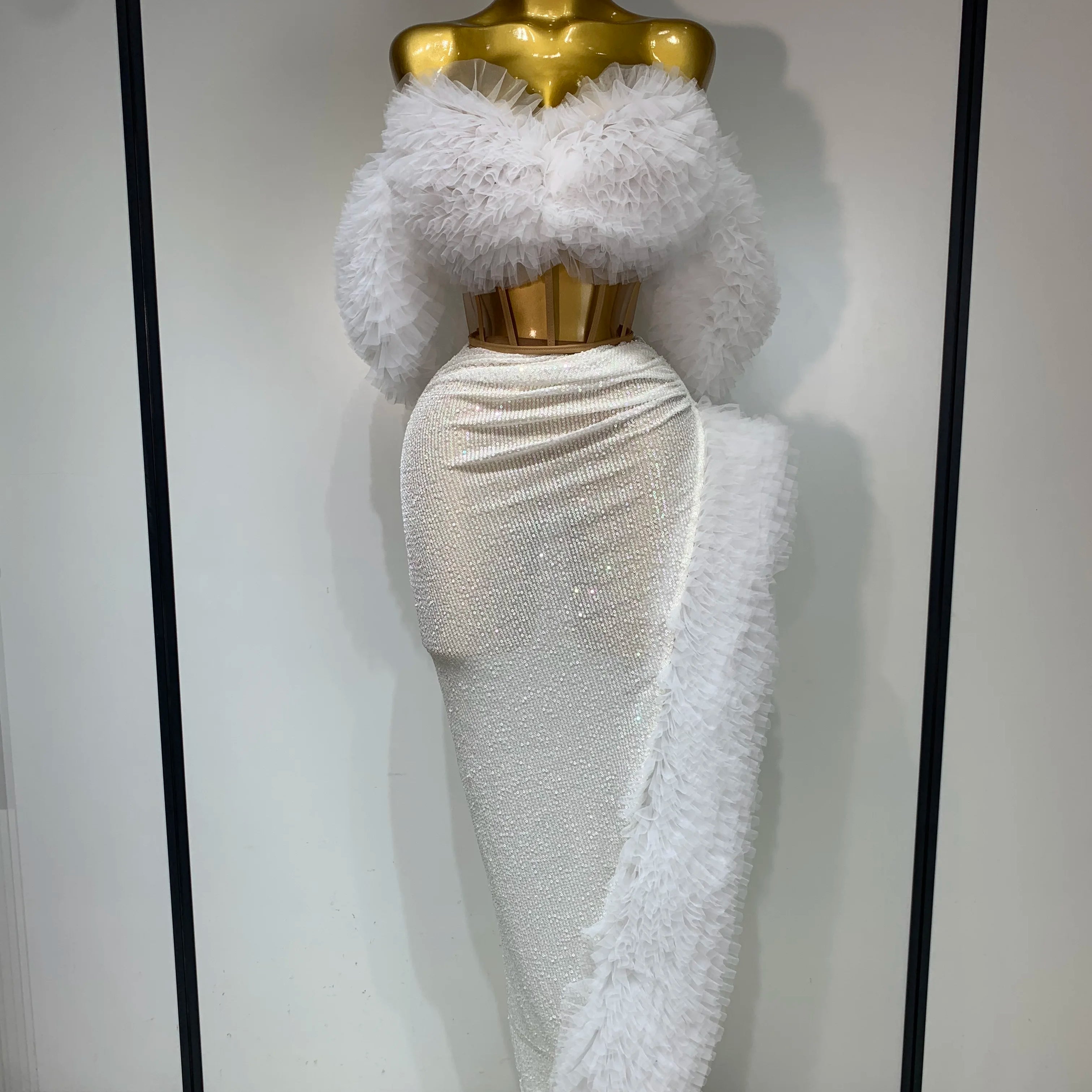 Women Sexy Sparkly Sequins Top Long Skirt Two Pieces Set Festival Celebrate Evening Party Luxury Birthday Nightclub Stage Outfit