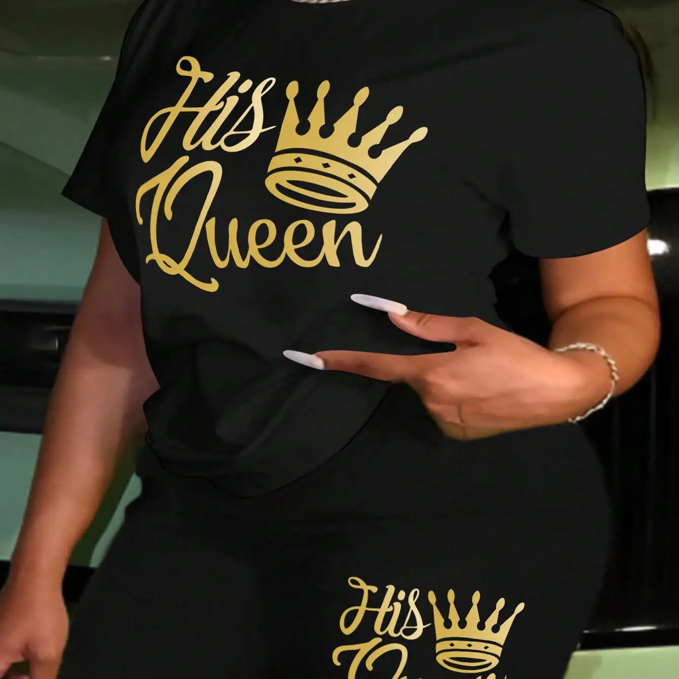 Plus size Women summer clothing Queen printed loose round neck casual black short sleeved T-shirt shorts two-piece set