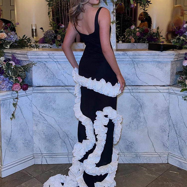 VC Artistic Black & White Strappy Dress Gown Ruffled Detailing for Creative Galas