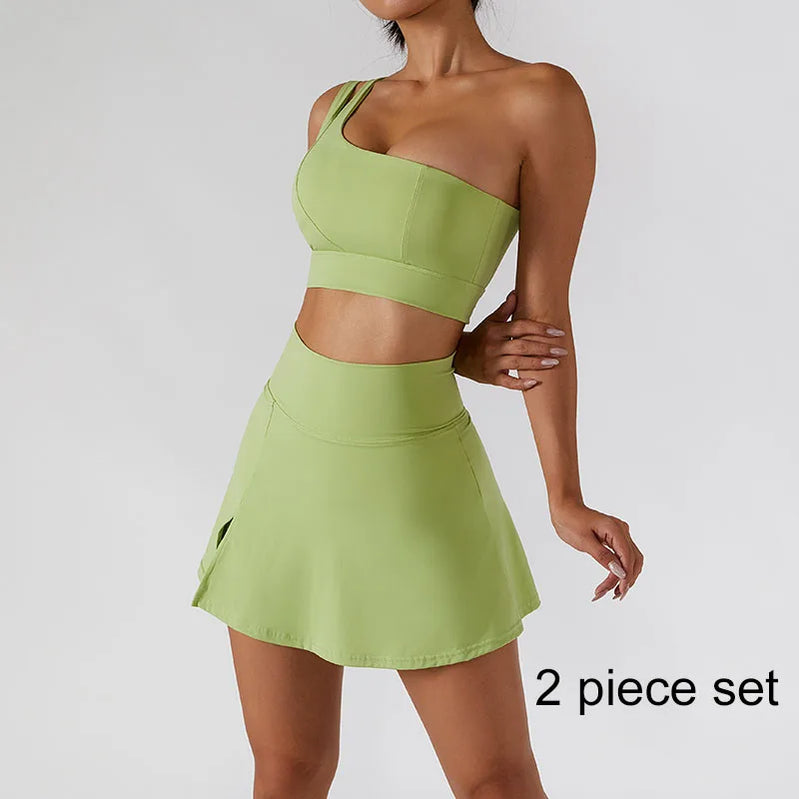 Yoga Skirt Set Women Workout Sport Gym Wear Suit High Wais Fitness Crop Top Female Tennis Sportswear One Shoulder Bra Green-Set