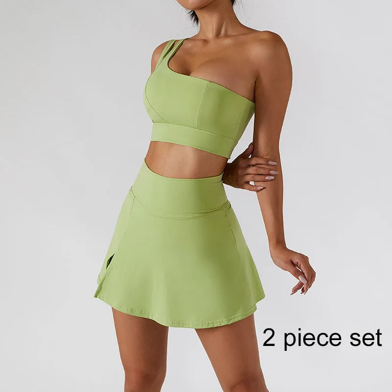 Yoga Skirt Set Women Workout Sport Gym Wear Suit High Wais Fitness Crop Top Female Tennis Sportswear One Shoulder Bra Green-Set