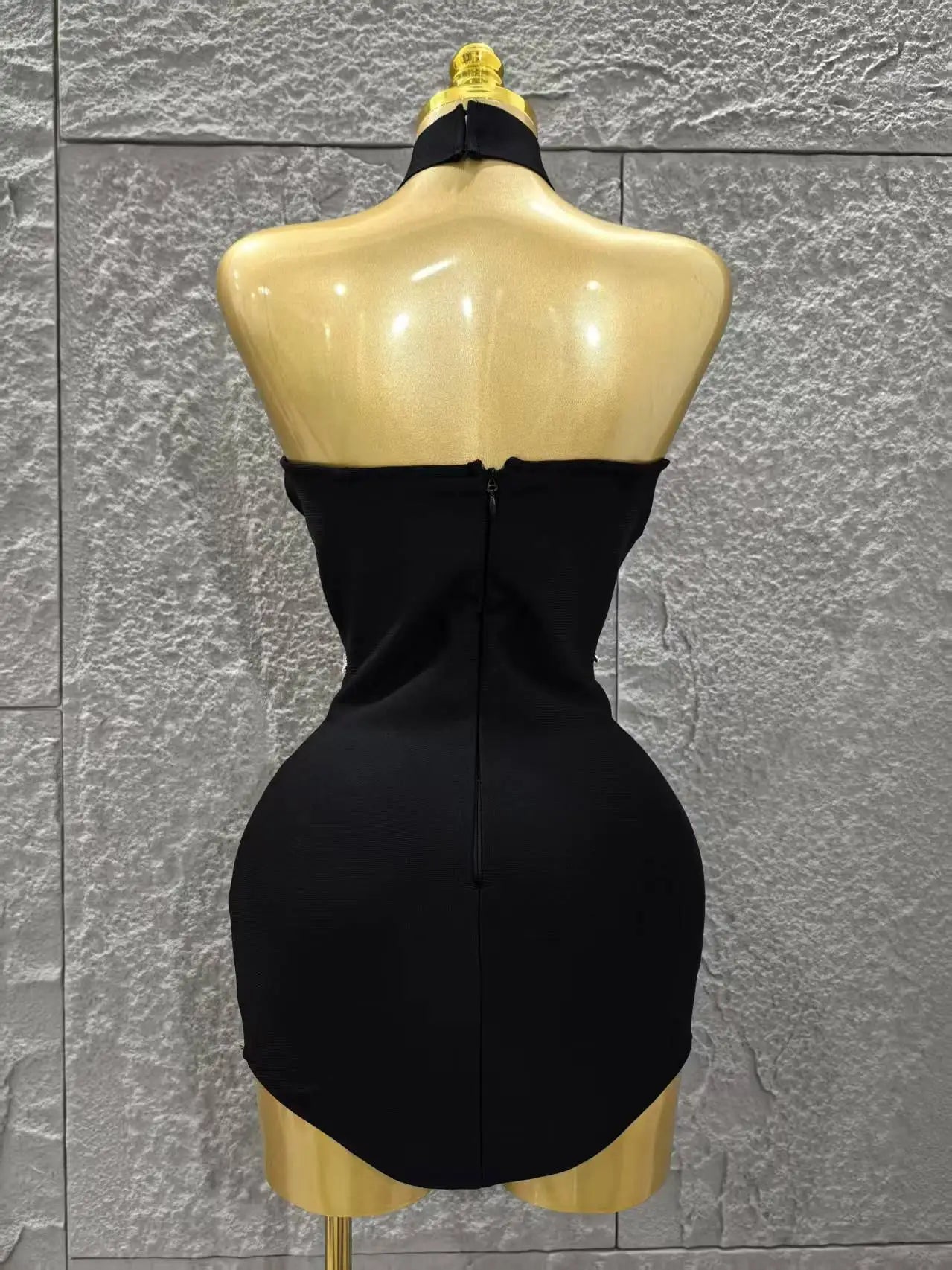 Vestido curto preto sexy sem alças brilhante, bodycon, mini vestido bandage, colar, moda festa noturna